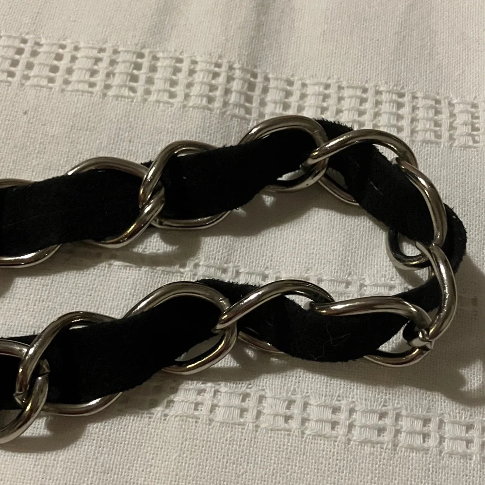 Vintage Black Leather and Silver Chain‎ Belt Intertwined Adjustable XL